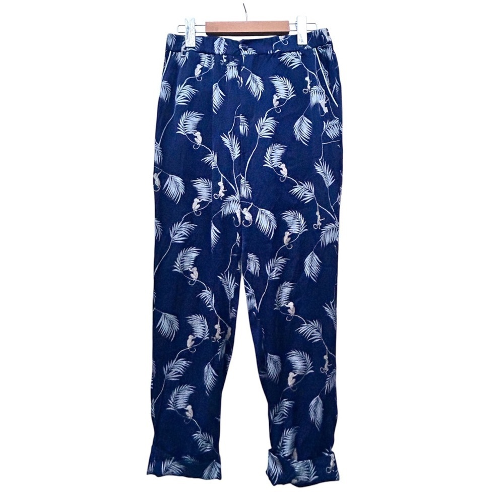 Piamita Womens Silk Navy Floral High Waisted Cuff
Ankle Tapered Pants Size S